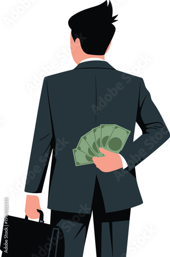 Businessman Hiding Fan of Money Behind His Back, Concept of Hidden Agendas, Financial Opacity, Corporate Secrets, and Deceptive Wealth Management Vector Illustration