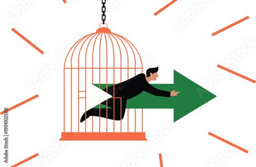 Businessman Riding a Green Arrow Bursting Out of an Orange Birdcage, Concept of Professional Liberation, Breaking Free from Limitations, Strategic Innovation, and Explosive Growth Vector Illustration