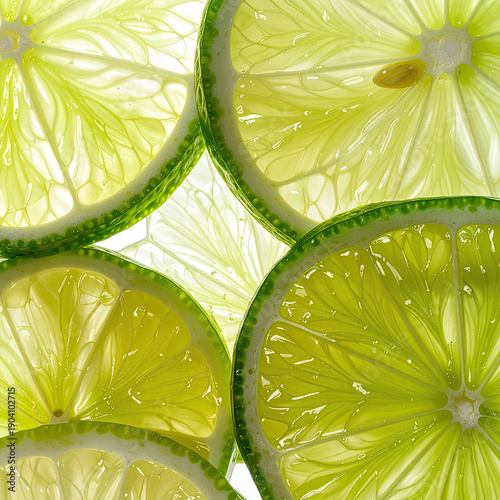 Close-up of translucent citrus slices, showcasing vibrant green hues and a radial pattern