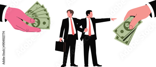Businessmen Redirecting Wealth Between Large Hands Holding Money, Concept of Strategic Investment, Financial Advisory, Capital Allocation, and Economic Guidance Vector Illustration