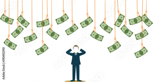 Businessman Stressed Under Money Hanging from Fishhooks, Concept of Financial Entrapment, Predatory Lending, Economic Manipulation, and Debt Stress Vector Illustration