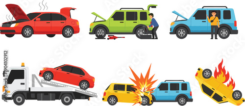 Set of car accident and breakdown scenes with towing service engine failure and vehicle collision flat vector illustration