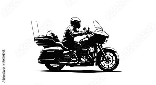 Silhouette of a person riding a motorcycle on a white background.