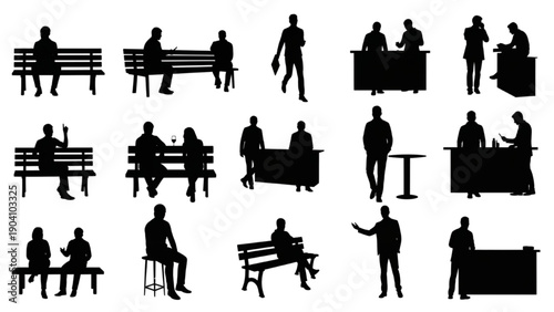 Silhouettes of people in various everyday poses and activities