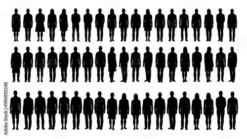 Array of diverse human silhouettes standing in rows, symbolizing crowd, society, and anonymity