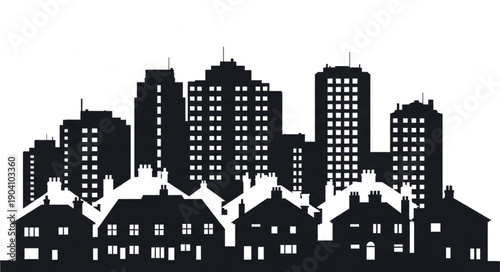 Silhouette of city skyline with modern buildings and houses.