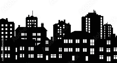 Silhouette of city buildings against a white background.