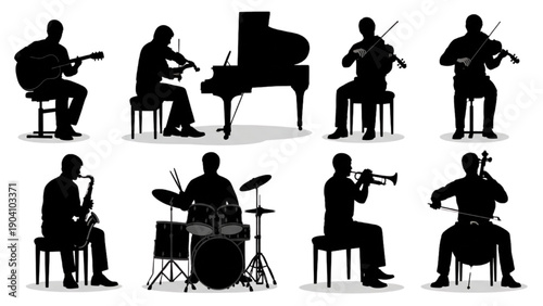Group of silhouette musicians performing on various musical instruments