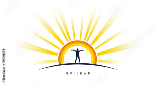 Silhouette of a person standing with arms outstretched against a rising sun.