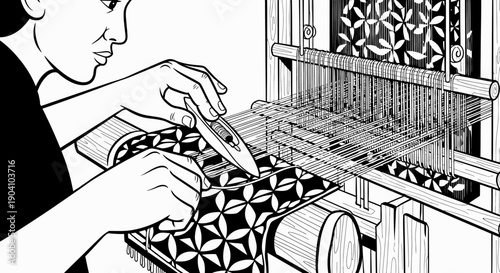 Woman Weaving Fabric on Loom with Pattern.