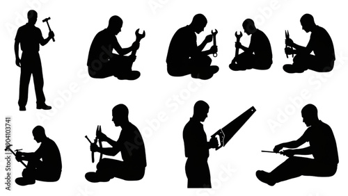 Silhouettes of construction workers engaged in various manual labor tasks