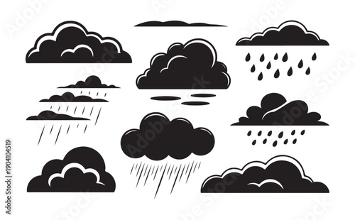 Dark storm clouds with rain droplets and wind lines silhouette collection for bad weather concept designs