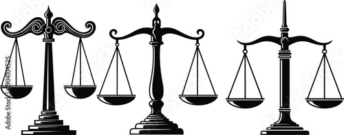 Justice scales icon set illustration, law balance symbols, legal equality concept, courtroom emblem silhouettes, minimalist black vector design collection icons