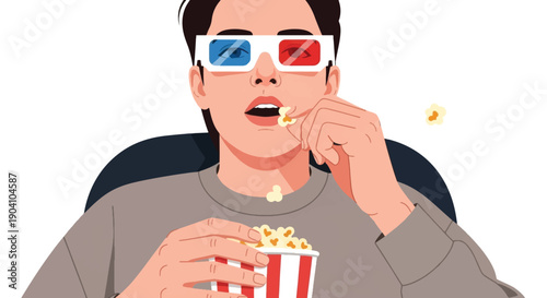 Close Up Portrait of Moviegoer Wearing 3D Glasses – Entertainment Reaction Flat Vector
