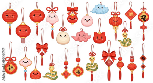A vibrant collection of cute cartoon Chinese New Year decorations, including smiling lanterns, clouds, dumplings, fish, and zodiac snakes, adorned with traditional knots and good fortune characters.