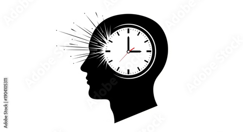 Silhouette of a human head with a clock inside representing time management concept.