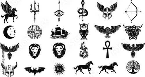Mystical mythology icon set collection, ancient symbols animals gods magic elements, fantasy occult silhouettes, tattoo emblem vector designs