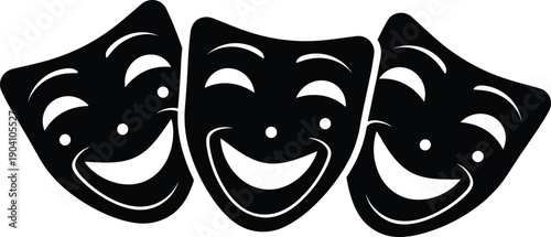 Theater comedy masks silhouette illustration, drama performance symbol, happy theatrical faces icon, acting stage art, minimalist black vector