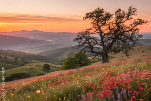 Wallpaper Mural Sunrise over rolling hills with a field of wildflowers and an ancient oak tree in a mountain valley Torontodigital.ca