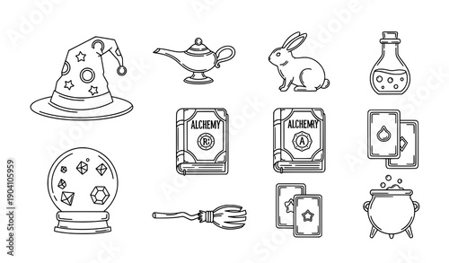 Magician and alchemy line icon vector set mystery symbols