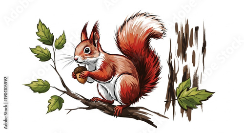 Cute Squirrel Holding Nut on Tree Branch Illustration.