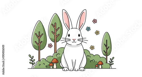 Cute White Rabbit Sitting in a Forest Scene with Trees and Flowers.