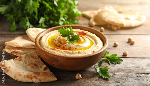 Wallpaper Mural Delicious Hummus Dip with Pita Bread and Chickpeas on Wooden Table. Torontodigital.ca