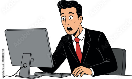 Shocked Businessman Stares At Computer Screen In Black Suit