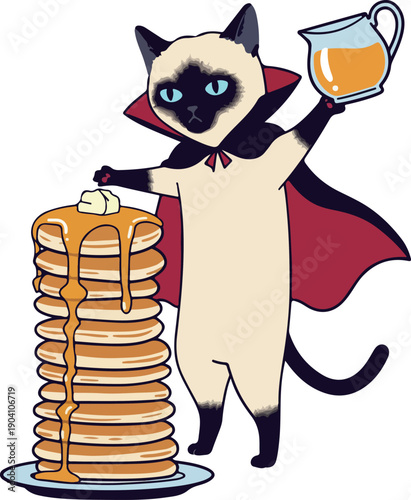 Siamese Cat Vampire With Pancakes And Maple Syrup