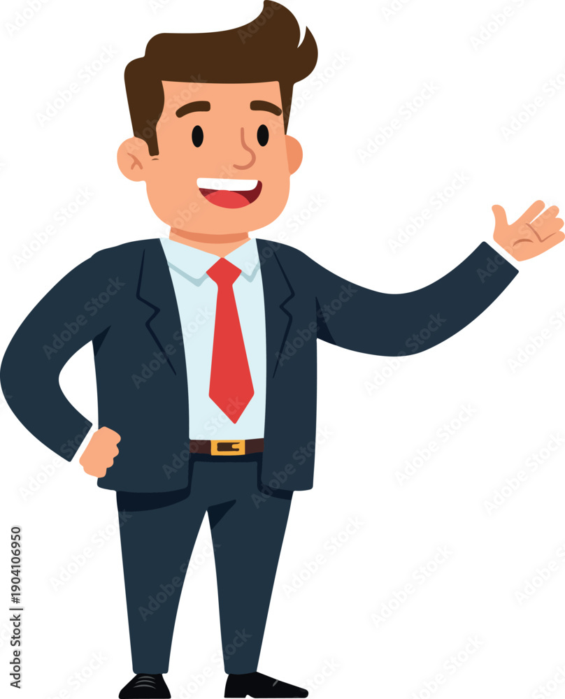 Fototapeta premium Smiling Man In Suit Presenting With Red Tie And Gold Belt Isolated