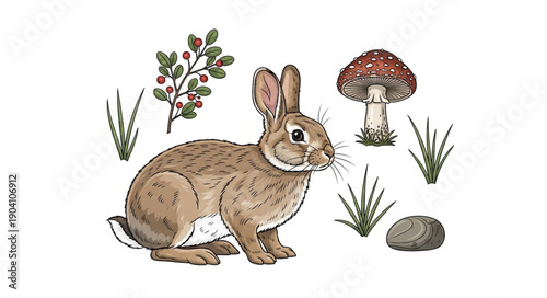 Cute Rabbit With Forest Elements Illustration.