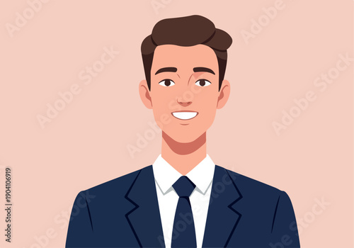 Smiling Man In Blue Suit And Tie Isolated On Peach Background Flat Illustration