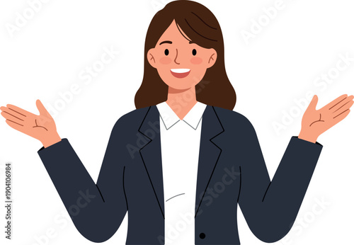 Smiling Woman In Dark Suit With Outstretched Arms White Background