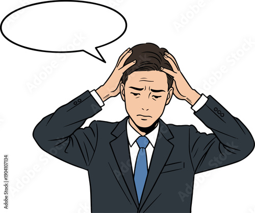 Stressed Businessman Holding Head in Frustration Blue Tie White Shirt Black Suit