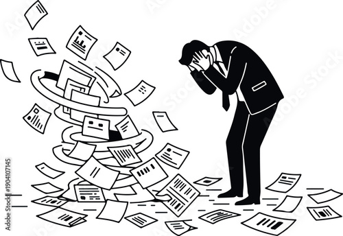 Stressed Businessman Overwhelmed by Swirling Paperwork and Documents