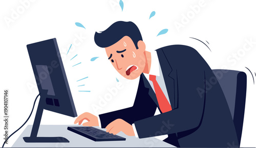 Stressed Businessman Overwhelmed by Computer Work Flat Design