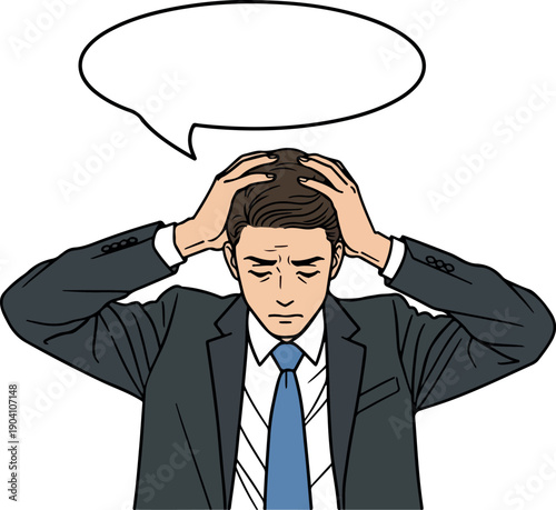 Stressed Businessman Holding Head With Speech Bubble Over White Background