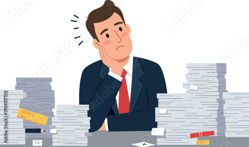 Stressed Businessman Tired With Paperwork Overload Flat Illustration
