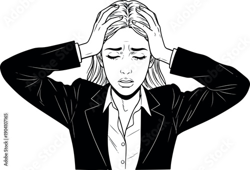 Stressed Businesswoman Holding Head in Hands Black and White Illustration