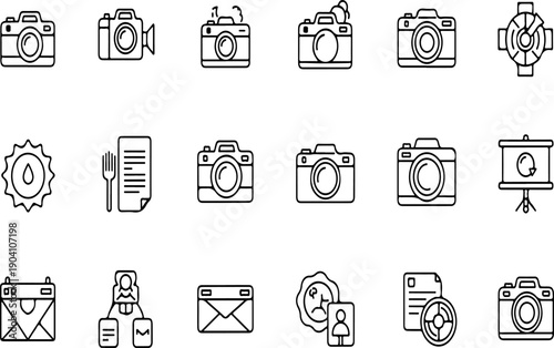 Photography and Camera Line Icons Vector Set: Digital SLR, Video, Lens, Flash, Tripod, Gallery, Document, Mail, Presentation, isolated on white