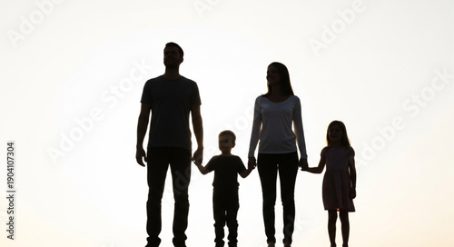 Silhouette of a happy family holding hands against a bright sky.
