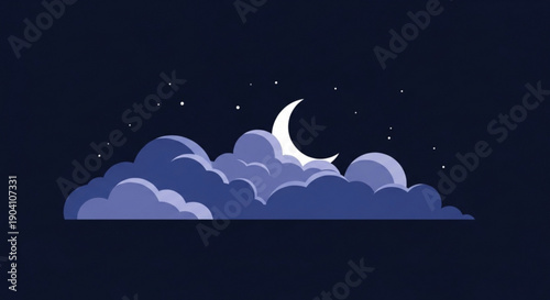 Crescent moon shining brightly among dark blue clouds against a starry night sky background illustration