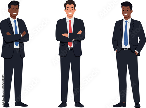 Three Diverse Men In Business Suits Standing Arms Crossed Flat Design
