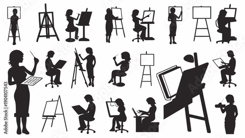 Women artists creating art at easels in various poses