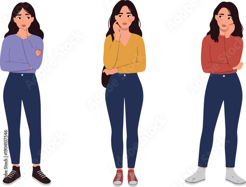 Three Women Pensive Poses Casual Outfits Isolated White Background