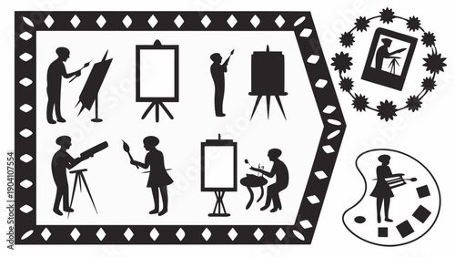 Silhouettes of artists creating art in various styles and settings