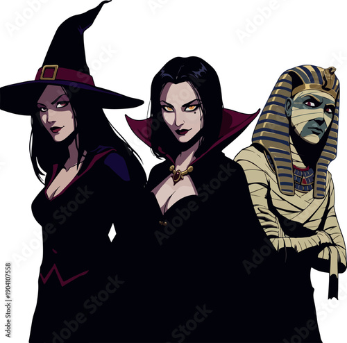 Three Women Witch Vampire Mummy Halloween Characters Dark Background