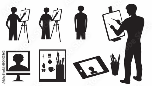 Silhouettes of artists at work with easels and digital devices
