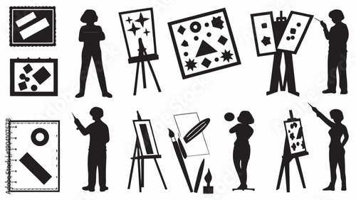 Silhouettes of artists creating vibrant paintings on easels