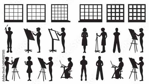 Silhouettes of artists and people working in creative spaces with windows